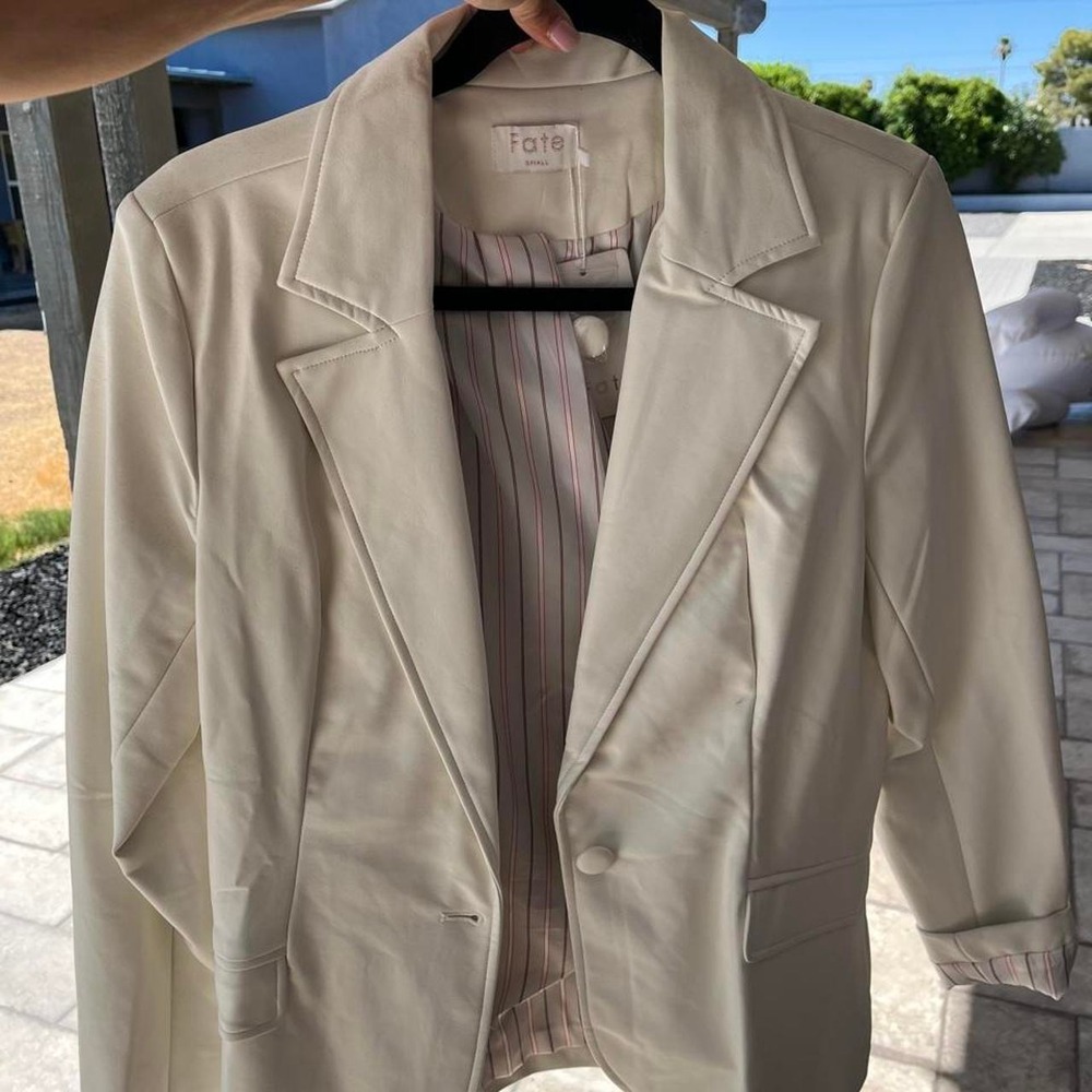 Fate Faux Leather Blazer Cream Striped Satin Lining Open Front